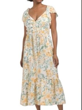 RACHEL ZOE Flutter Sleeve Tie Front Yellow Floral Maxi Dress Sz XL